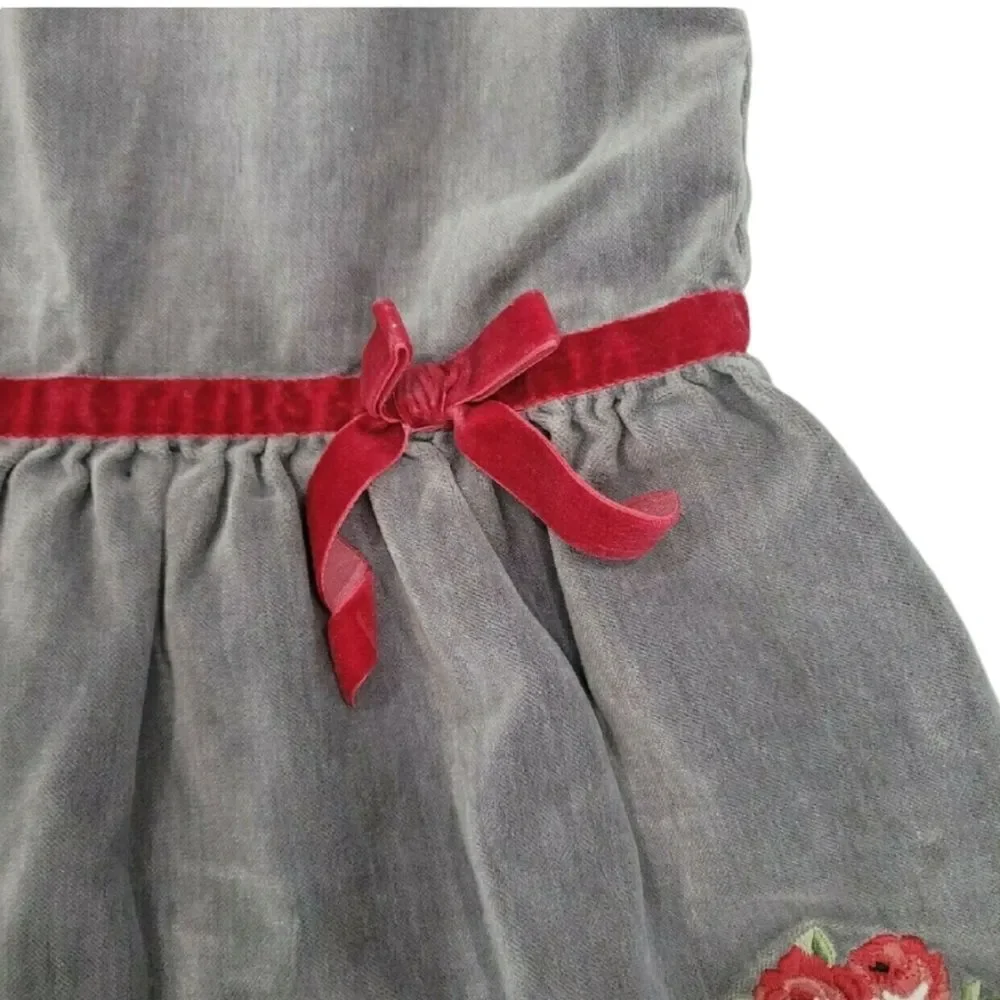 Grey velvet dress with red embroidery accents